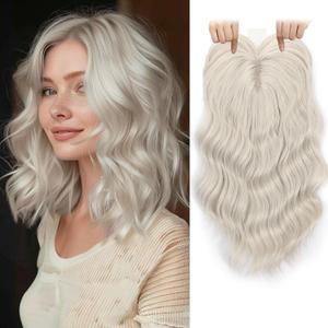 TYQ Hair Toppers for Women with Thinning Hair,14 Inch 360 3D Synthetic Curly Wavy Side Part Clip in Bangs(White Blonde)