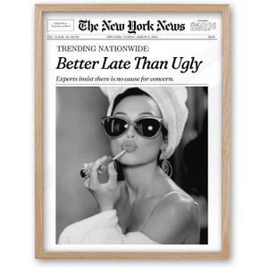iHery Natural OAK Wood Audrey Hepburn Newspaper Trendy Framed Wall Art, 12x16 in Vintage Headline Canvas Bedroom Wall Decor, Better Late Than Ugly,Bathroom Artwork Apartment Girly Dorm Room 1Pack