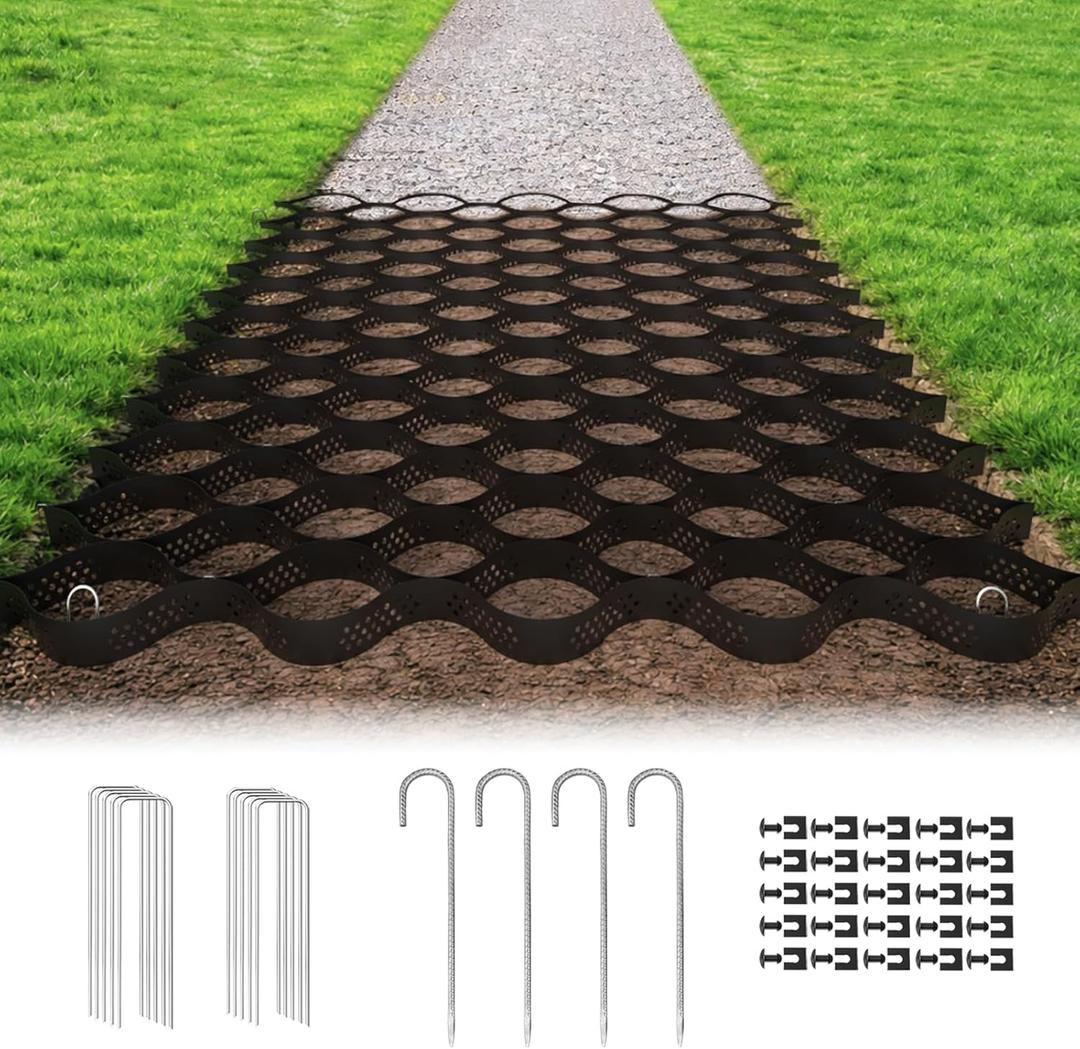 Gravel Grid 2'' Depth with Metal Stakes, 6.6x16.4 FT Geogrid for Gravel Driveway 2200 lbs per Sq FT Erosion Control Ground Grid Gravel Stabilizer Grid for Driveway, Parking Lot, Slope, Walkway, Patio