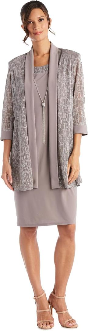 Elegant 2 PC Metallic Knit Classic Jacket Dress W/Detachable Necklace (16 Plus, Champagne)