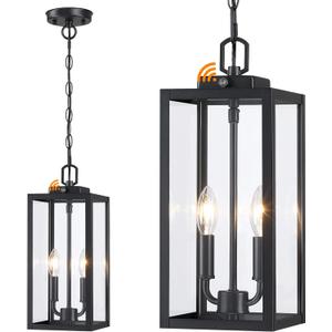 Large Outdoor Pendant Light 2-Light, 15'' Dusk to Dawn Modern Black Metal Outside Chandelier Exterior Hanging Fixture Ceiling Mount with Clear Glass for Front Porch Entrance Foyer Entryway, 1 Pack (Dusk to Dawn Sensor)