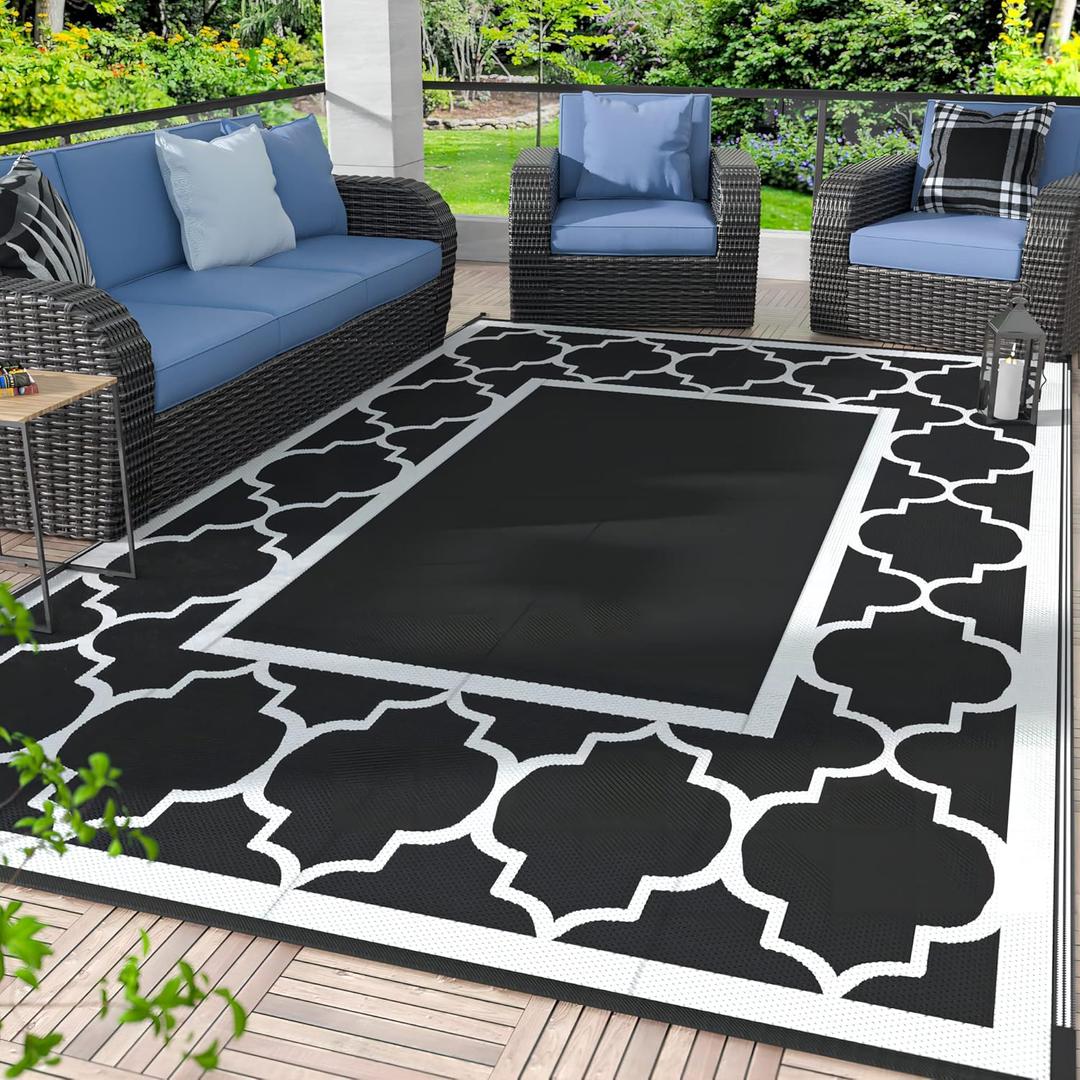 GENIMO 9 ' x 12 '   Outdoor Rug Waterproof for Patio Decor, Foldable Reversible Plastic Straw Area Rugs Mat for Camper, Morden Carpet for Outside, Rv, Deck, Porch, Picnic, Beach, Balcony, Black & White