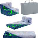 Folding Sofa Bed Floor Mattress for Kids with Pillow - Toddler Glow Washable Nap Mat for Sleeping, Child Fold Up Futon Chair Bed with Storage Bag for Girls Boys (Blue Dinosaur)