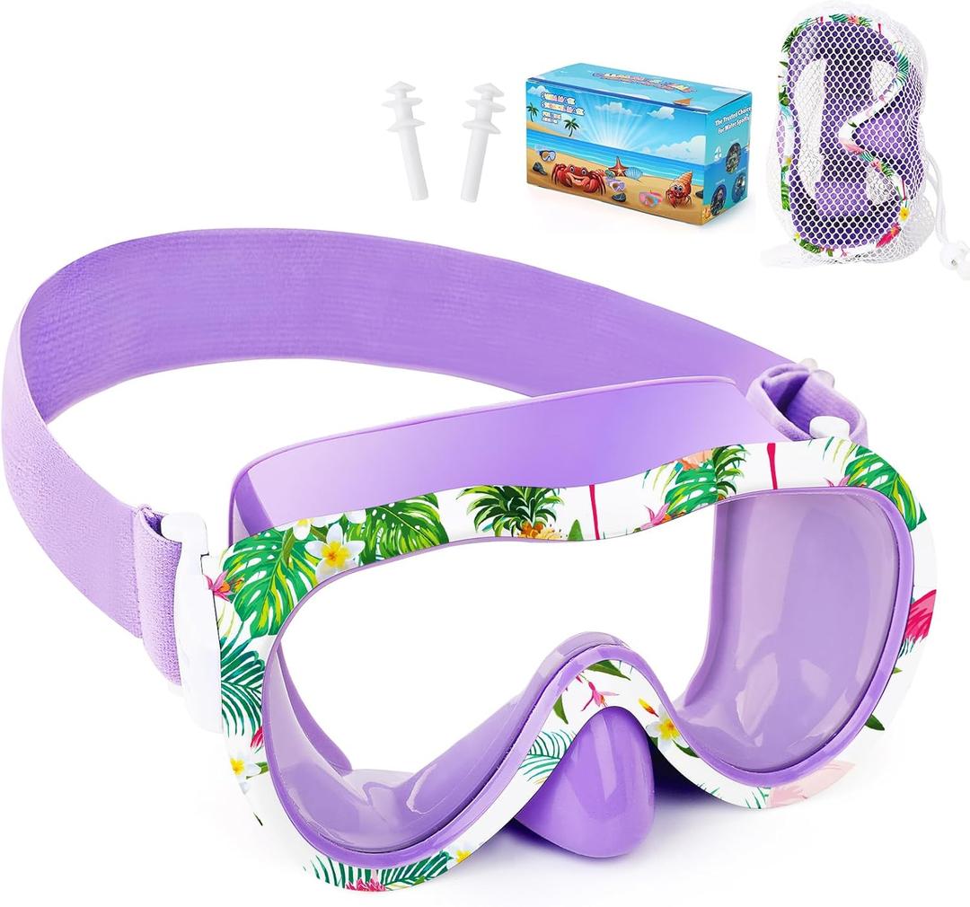 Kids Swim Goggles with Nose Cover, 180 Panoramic Snorkel Mask with Anti-Fog & Anti-Leak Design, Comfort Fabric Strap UV Protection Lens for Boys Girls Ages 3-15 (Purple Flamingo)