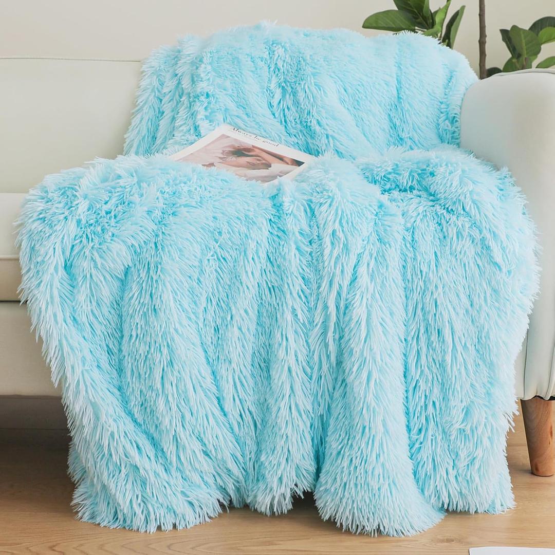 Blue Faux Fur Throw Blanket, Blue 50" x 60" Fluffy Blanket Throw, Shaggy Plush Decorative Couch Blanket, Cute Furry Throw Holidy Fuzzy Lap Blanket for Kids Women Men Teen Girls