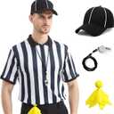 Referee Shirt for Men & Women, 4-Piece Ref Uniform Set with Zipper Collar, Whistle, Hat & Penally Flag for Football & Soccer (Large)