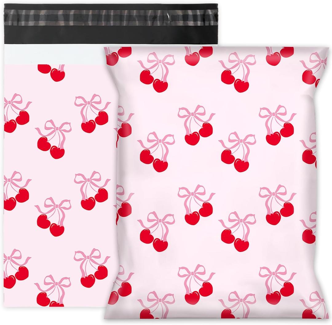 Pretty Package Store 6x9 Designer Poly Mailer 100 Pack Heavy Duty Waterproof Self Seal Shipping Bags for Small Business Large Mailing Envelopes Bulk Tear Resistant Packaging Pink Stripe Cherry Fruit