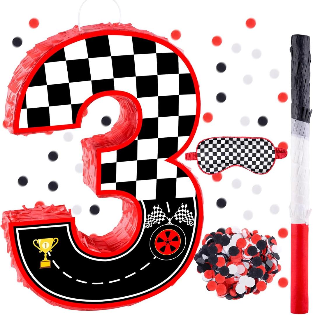 16 Inch Number 3 Race Car Pinata with 16 Inch Piata Stick Blindfold Confetti for Boy Girl Kids 3rd Birthday Party Decorations(3rd)