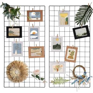 Lnrueg 2 Pack Wire Wall Grid Panel 30" x 15", Wall Grid Shelf with Photo Frames for Photo Display, Metal Mesh Message Board Memo Boards, Heavy Duty Gridwall Display Rack for Art Retail Display, 31.5"l X 15.7"w