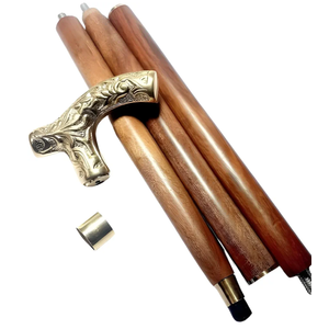 Wooden Walking Cane with Ornate Engraved Curved Metal Handle Detachable Wooden Walking Stick