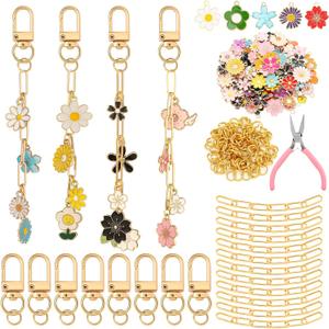 Tondiamo 266 Pieces Flower DIY Gold Keychain Making Kit Floral Daisy Bag Charm Jewelry Making Sunflower Ornaments Bulk for Key Ring Art Adults Women Bag Gift (Blue)