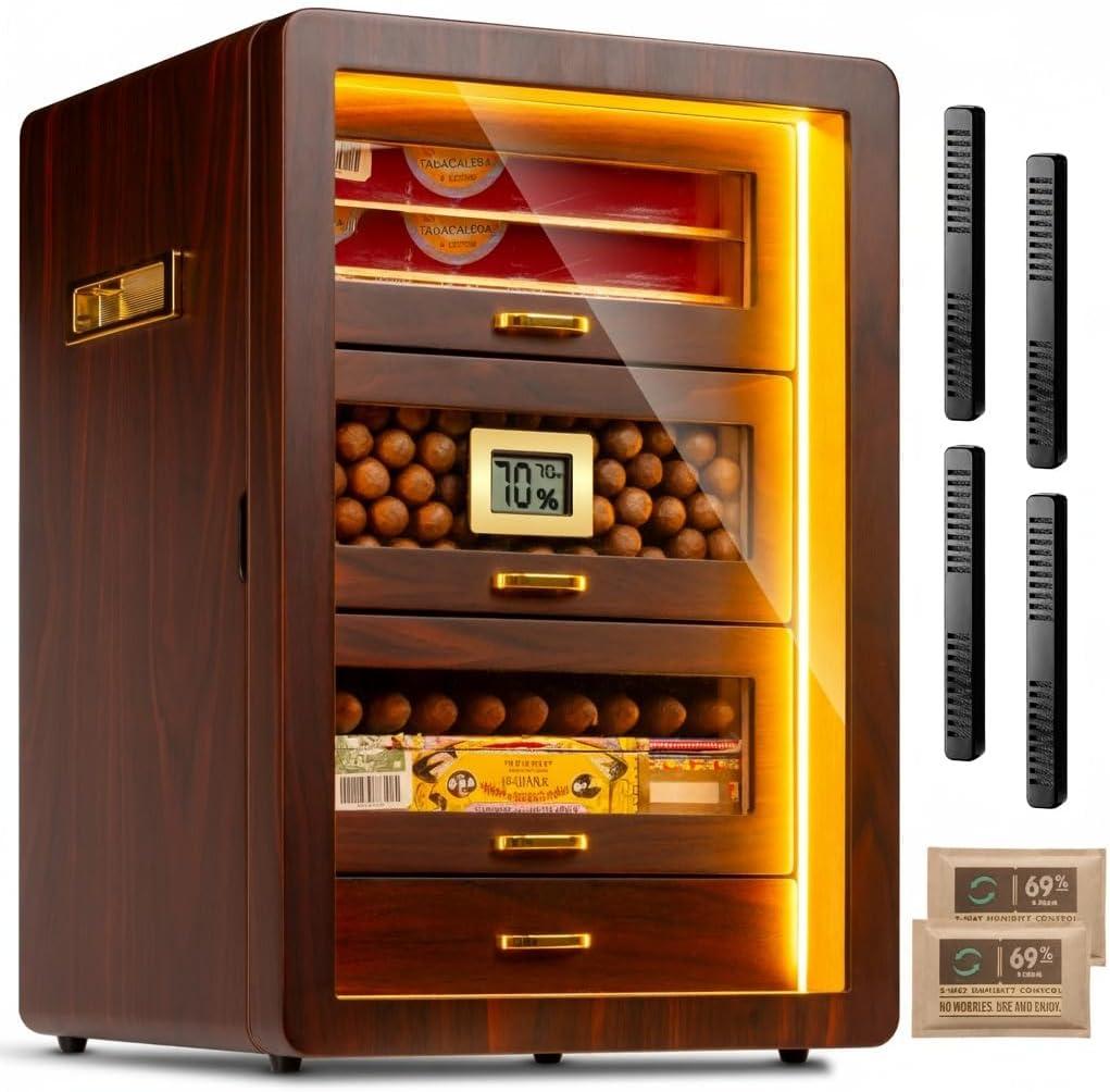 Desktop Cigar Humidor Cabinet Triple-Sided Light with Digital Hygrometer, Humidifier and Humidity Packs. 4 Ceder Wood Drawers, Cigar Humidor Box can Hold 200 Cigars. Present for Men (Ebony)