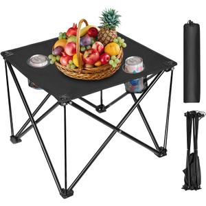 Folding Camping Table with 2 Cup Holders, Portable Picnic Table 600D Oxford Fabric, Lightweight Beach Table with Carrying Bag for Outdoor, Camping, Picnic, Beach, BBQ