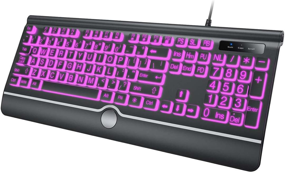 Backlit Large Print Keyboard, Wired Light Up Keyboards with 7-Color Backlit, Wrist Rest, Oversize Letters Keys Easy to See and Type, Corded Full-Size Keyboard for Windows Desktop, Laptop, PC, Gaming