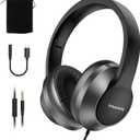 UrbanSwing W2 Wired Headphones with Mic, 3.5mm AUX & USB C Adapter, for iPhone 17 16 15, iPad, Samsung, Laptop, PC, inline Control, 4.9ft Long Wire, Velvet Pouch for Travel, Home Office, School, Black