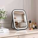 Rechargeable Travel Makeup Mirror, 8"6" Small Vanity Mirror with Lights, 1500mAH Battery, 3-Color Lighting, Dimmable, 360 Rotation, Portable Desk Mirror with Storage Pouch, Travel Essentials (Black)