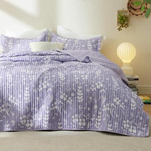 Bedsure Floral Quilt Set Queen - Reversible Purple Botanical Quilt Bedding Set, 3 Pieces Lightweight Bedspread, Soft Microfiber Coverlet with 2 Pillow Shams for All Seasons (90"x96")