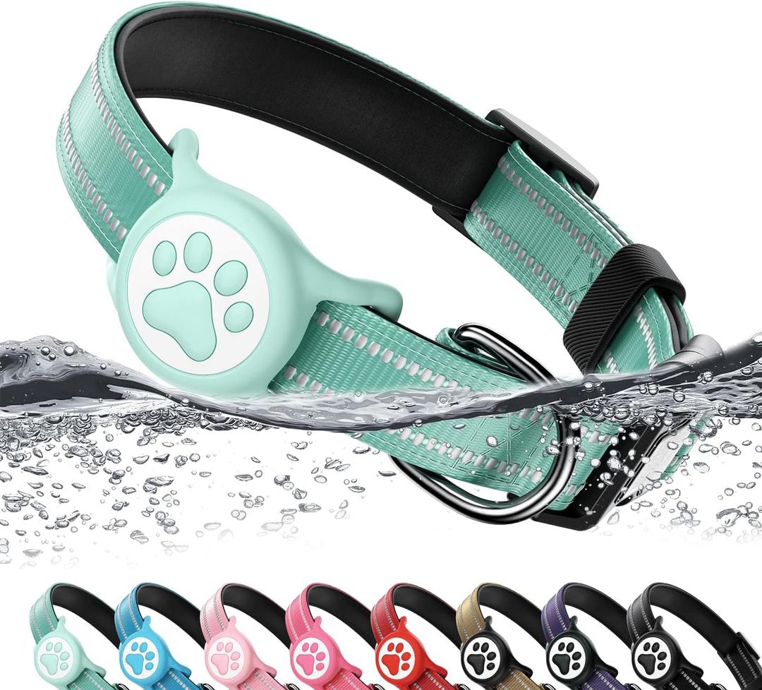 Airtag Dog Collar, Reflective Ultra-Durable Nylon Padded with QR Code Buckle & IP68 Waterproof Air Tag Holder Compatible for Apple AirTag, Comfortable for Small Dogs(Green,S)