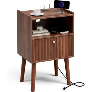 Side Table with Charging Station, Modern End Table with Fluted Drawer, Bedside Table, Night Stand with 2 Tiers Storage Space, for Bedroom, Living Room, Walnut (Brown)
