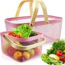 Cheardia 2 Pack Picnic Baskets, Metal Mesh Harvest Basket with Foldable Wooden Handle, Rectangle Garden Storage Basket Bin for Vegetable Fruit Garden Kitchen Cabinet Picking Gathering, Pink