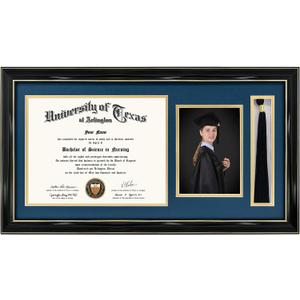 GraduationMall 11x22 Black Diploma Frame with Tassel Holder and Picture for 8.5x11 Certificate 5x7 Photo,Tempered Glass,Navy over Gold Mat