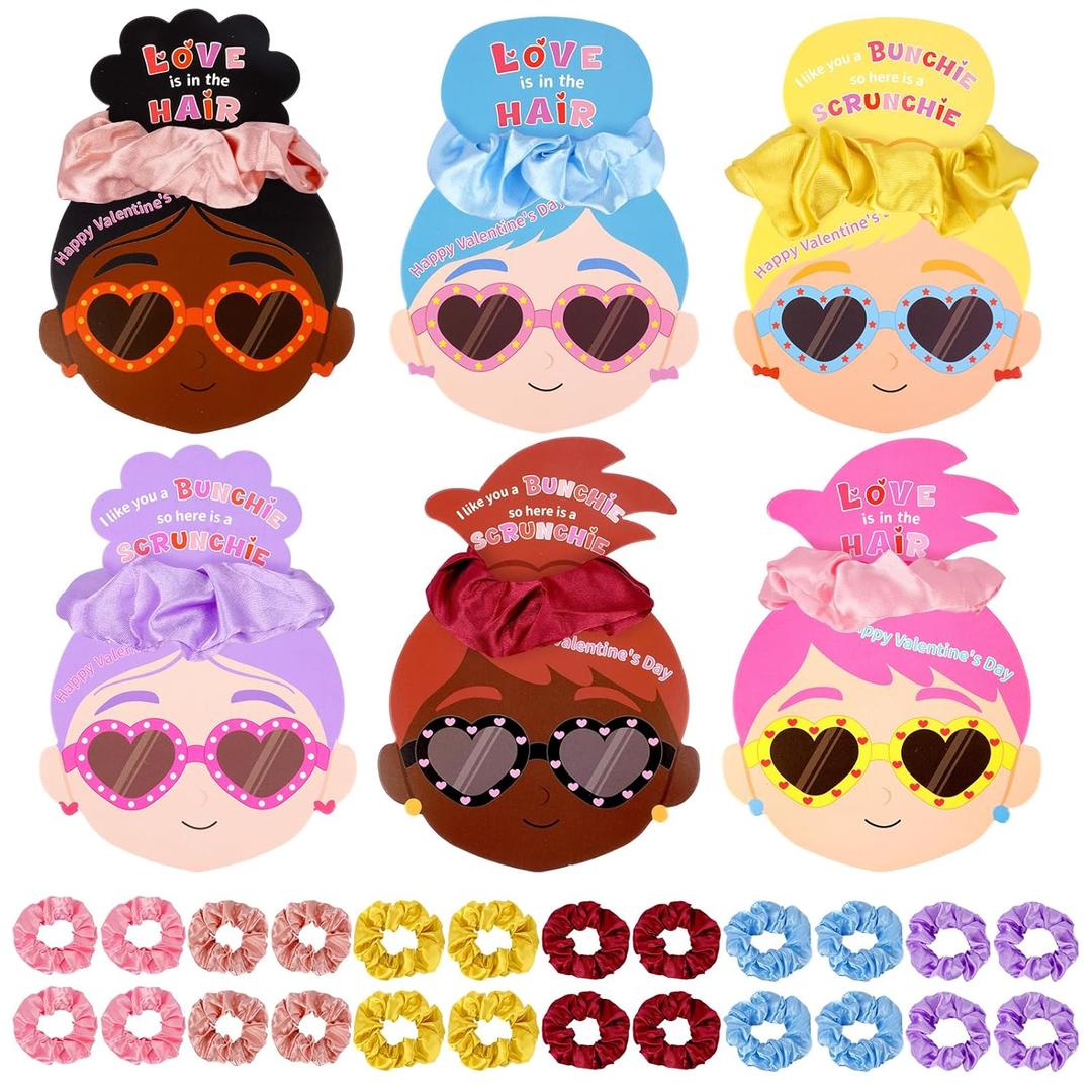 Valentines Gift for Kids Classroom - 24 Pack Valentine Cards with Hair Scrunchies, 6 Color Girls Valentines Gifts for School Exchange, Class Valentine Day Gifts for Kids Party Favors