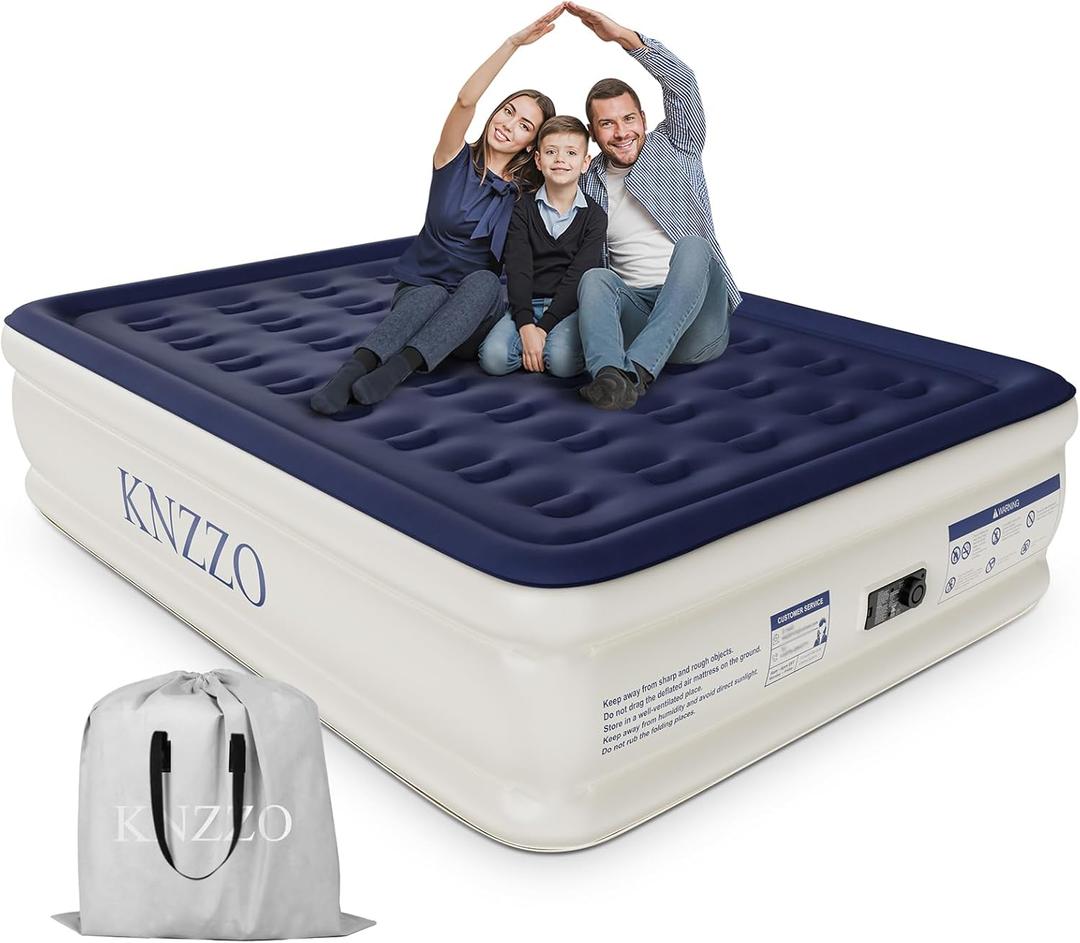 KNZZO Air Mattress Queen with Built-in Pump, Blow Up Mattress with Soft Flocked Top, Leakproof Inflatable Mattress, Foldable Waterproof Air Bed for Home, Guests, Camping, with Storage Bag (Deep Blue)