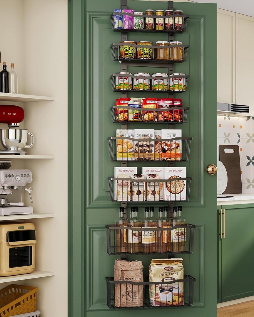 Over The Door Organizer8-Tier Over The Door Pantry Organizer with Adjustable Baskets Metal Hanging Pantry Organizers and Storage for Kitchen, Back of Door Seasoning Rack (Black)