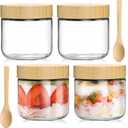 4 Pack 10oz Glass Jars with Bamboo Lids, Spoons, Airtight Overnight Oats Containers, Wide Mouth Mason Jars, Food Storage Container for Yogurt Salad Snacks Spice Sugar Meal Prep  Reusable