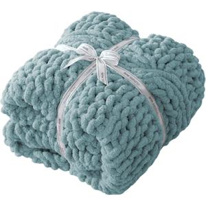 Chunky Knit Blanket Throw - 100% Hand Knitted Chunky Soft Throw Blanket for Couch, Thick and Warm Blanket for Winter, Blue, 40x50 Inches