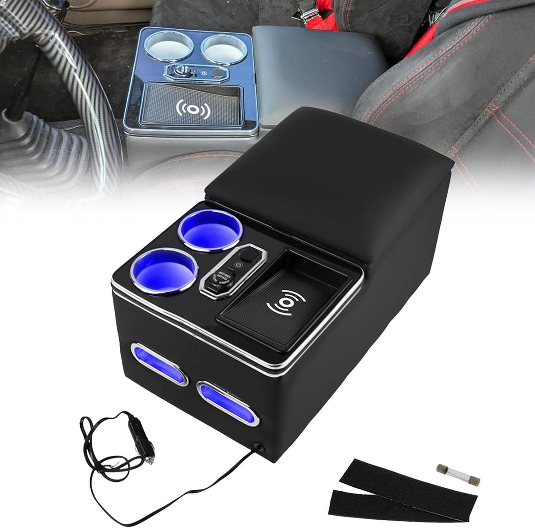 RULLINE Center Console Armrest Organizer with Wireless Charging & Cup Holders, LED Bench Seat Center Console for Car Minivan Truck SUV, Van - Universal Fit Storage Box, Center Console Armrest