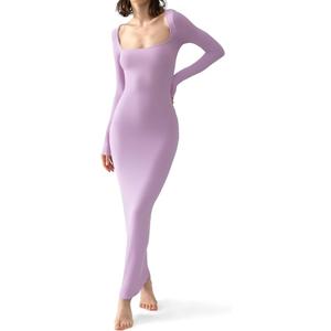 PUMIEY Women's Square Neck Long Sleeve Maxi Dress Ribbed Bodycon Dresses for Women Soft Lounge Dress L