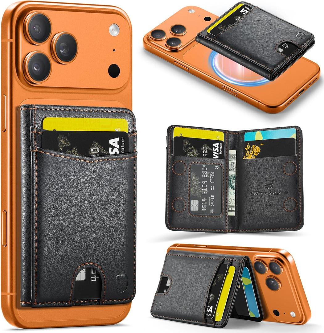 Strapurs for Magsafe Wallet, Strong Magnetic 6 Card Holder with RFID Blocking, Slim Minimalist Premium PU Leather Manet Phone Wallet for iPhone 17/16/15/14/13/12/Pro/Max/Plus/Air Cases  Black