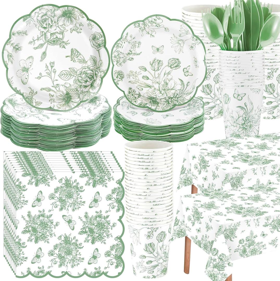 Yungyan 194 Pcs Sage Green Floral Party Decorations Serves 24 Disposable Green White Toile Chinoiserie Plates and Napkins Tablecloth Cup Tableware Set for Bridal Baby Shower Wedding Tea Party