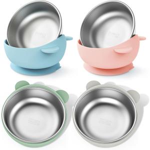 Bakpoco Stainless Steel Baby Bowls with Suction, 2-in-1 SUS304 Toddlers Bowl & Removable Silicone Suction Kids Bowl, Non Toxic Snack Container for Baby Food Feeding, Soft Blue/Sage/Pink/Gray Set of 4