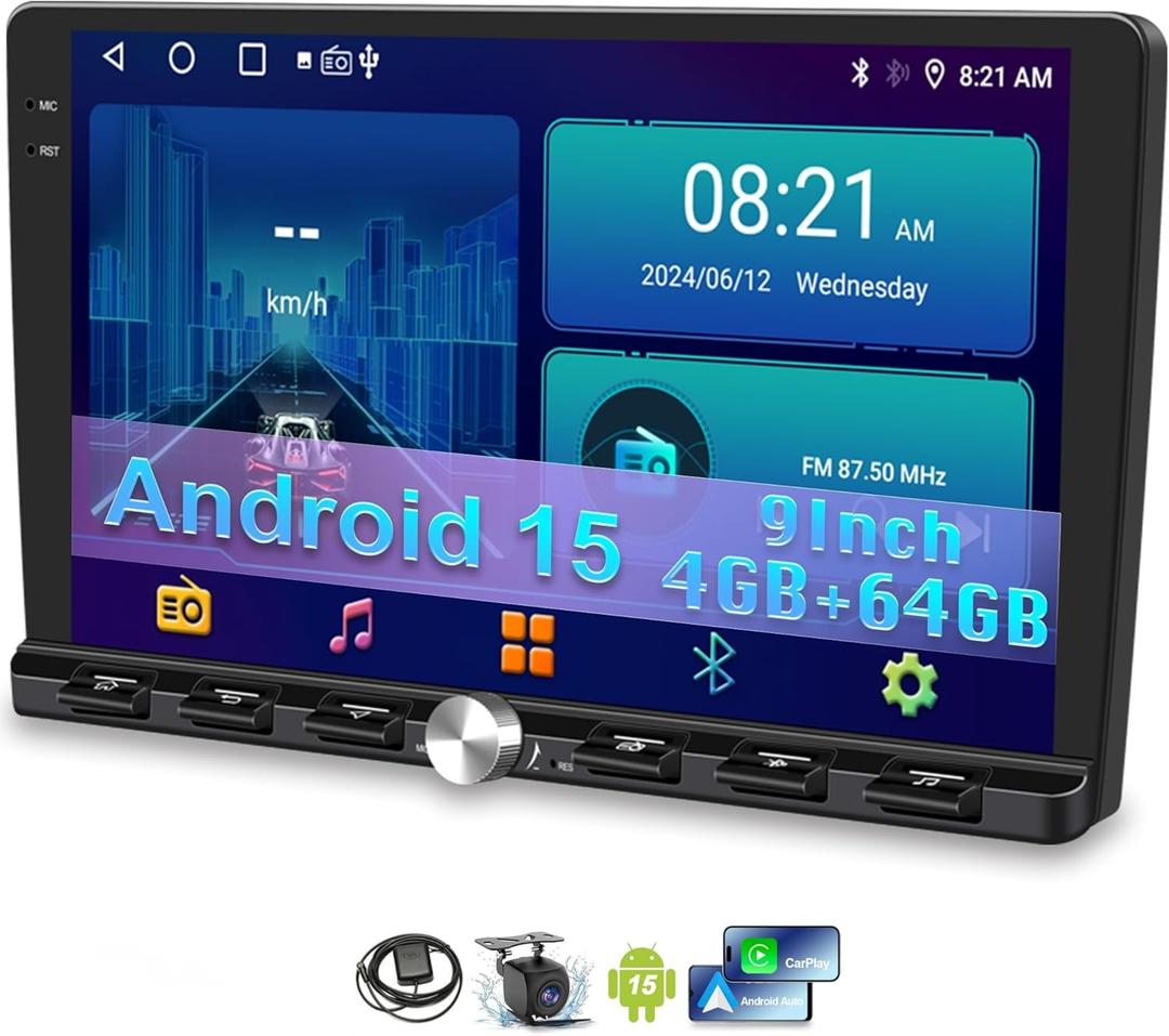 [4+64GB] 9 Double Din Car Stereo Android 15 Apple CarPlay Android Auto Radio, 9 Inch IPS 1280 * 720 Touchscreen with GPS, Bluetooth 5.2 FM Radio DSP Audio 1080P Backup Camera, WiFi Google Play
