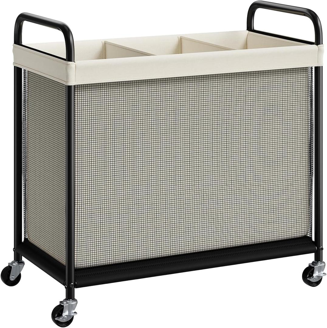 ELYKEN Laundry Hamper 3 Section, 120L Rolling Laundry Sorter with Removable Liner Bag, Laundry Basket with Wheels, Steel Frame with Metal Handle, Clothes Hamper Cart for Laundry Room & Bedroom (Beige)