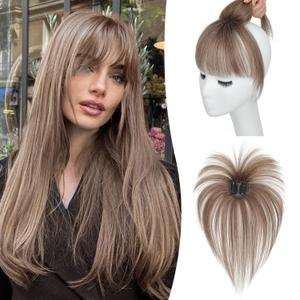 UDU Clip in Bangs Real Human Hair, Natural Clip on Fringe Hair Extensions with Temples, Fake Bangs Hairpiece for Women (Ombre Ash Brown with Highlights)