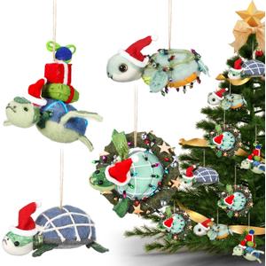 4 Pcs 3D Sea Turtle in Santa Hat Christmas Ornament 4.7 Inch Handmade Felt Turtle Decor for Beach Ocean Coastal Theme Xmas Tree Hanging Decorations for Stocking Stuffers & Ocean Lovers