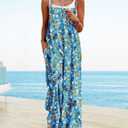YESNO Women's Summer Boho Cotton Casual Jumpsuits Wide Leg Overalls Floral Print Baggy Rompers with Pockets PZZCR (Blue, XXL)
