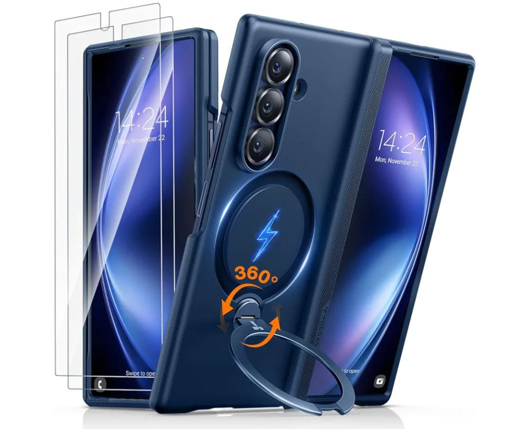 TORRAS 360 Spin Magnetic Stand for Galaxy Z Fold 7 Case, MILGrade Hinge Protection, Fit for Magsafe, 360 Kickstand & Ring Holder, Armor Hard Slim Case for Samsung Galaxy Z Fold 7, Blue