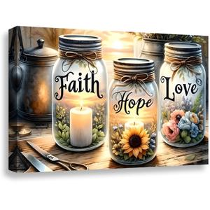 Pormipone Framed Canvas Wall Art Faith Hope Love Mason Jar Sunflower 24x36