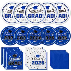 Graduation Party Supplies Kit Serves 50 - Graduation Party Blue Class of 2026 Tableware Disposable Dinner Plates Dessert Plates and Napkins for Congrats Grad Party Decorations