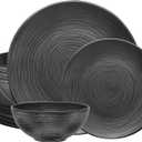 Bzyoo 12 Piece Melamine Dinnerware Set - Durable, Dishwasher Safe Organica Black Plates and Bowls Sets Casual Dish Set for Dining, Outdoor and Kitchen
