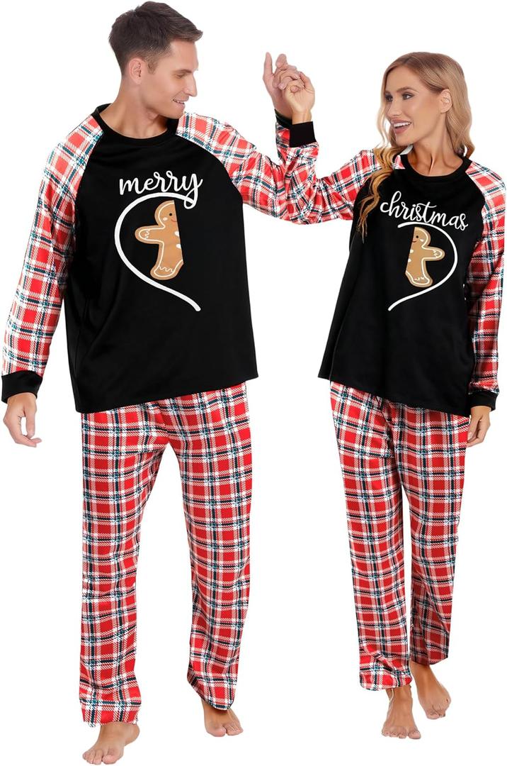 FAYALEQ Christmas Matching Pajamas for Couples Long Sleeve Xmas Plaid Soft Pullover Pjs Set for Men and Women Holiday One Set (XXL)