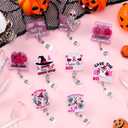 9 Pcs Halloween Nurse Badge Reel Retractable Pink Glitter Ghost Ghost Pumpkins Halloween Spooky Acrylic Badge Holder with ID Badges for Nursing Student Doctor Office Hospital