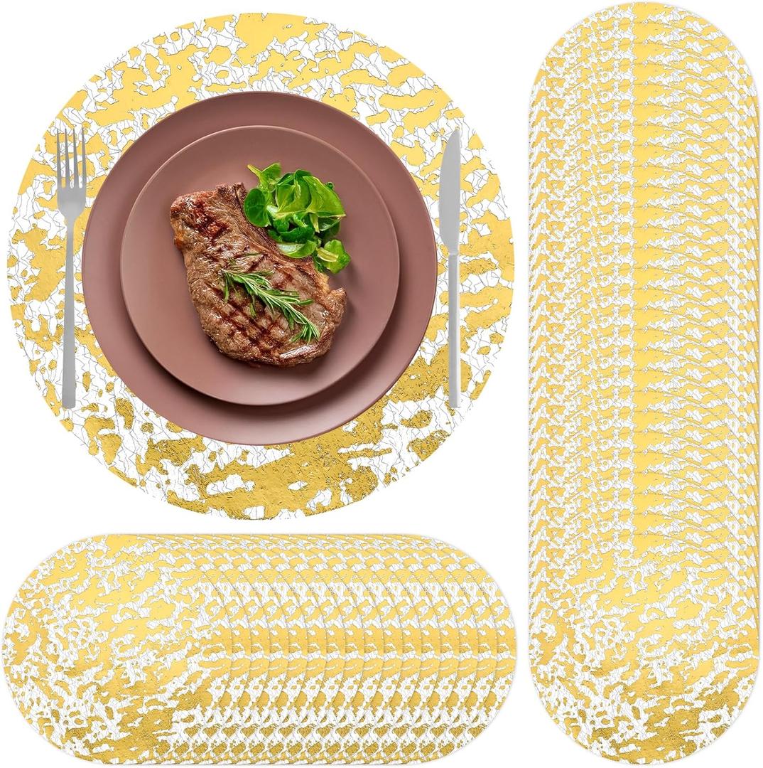 150Pcs Gold Round Placemats, 13 Inch Disposable Metallic Golds Foil Mesh Charger Place Mats Tablecloths Table Runner Gold Doilies for Dining Table Decor Party Wedding Holiday