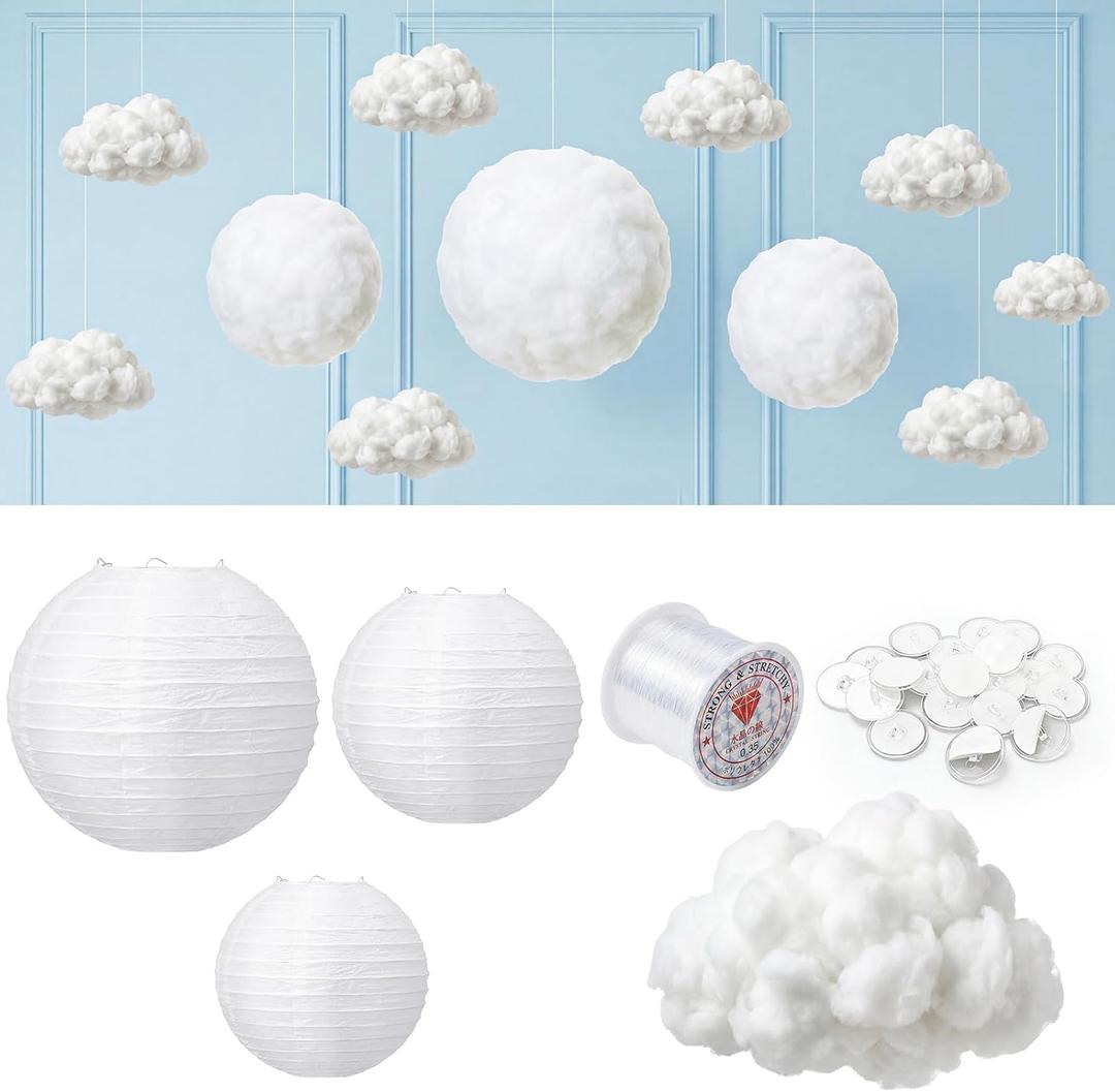 Baquler 3 Pcs White Paper Lanterns with Fiber 3D Clouds Decorations Multi Size 300g Polyester Filling for Ceiling Hanging DIY Clouds Ornament Round Paper Lanterns for Room Birthday Wedding Baby Shower