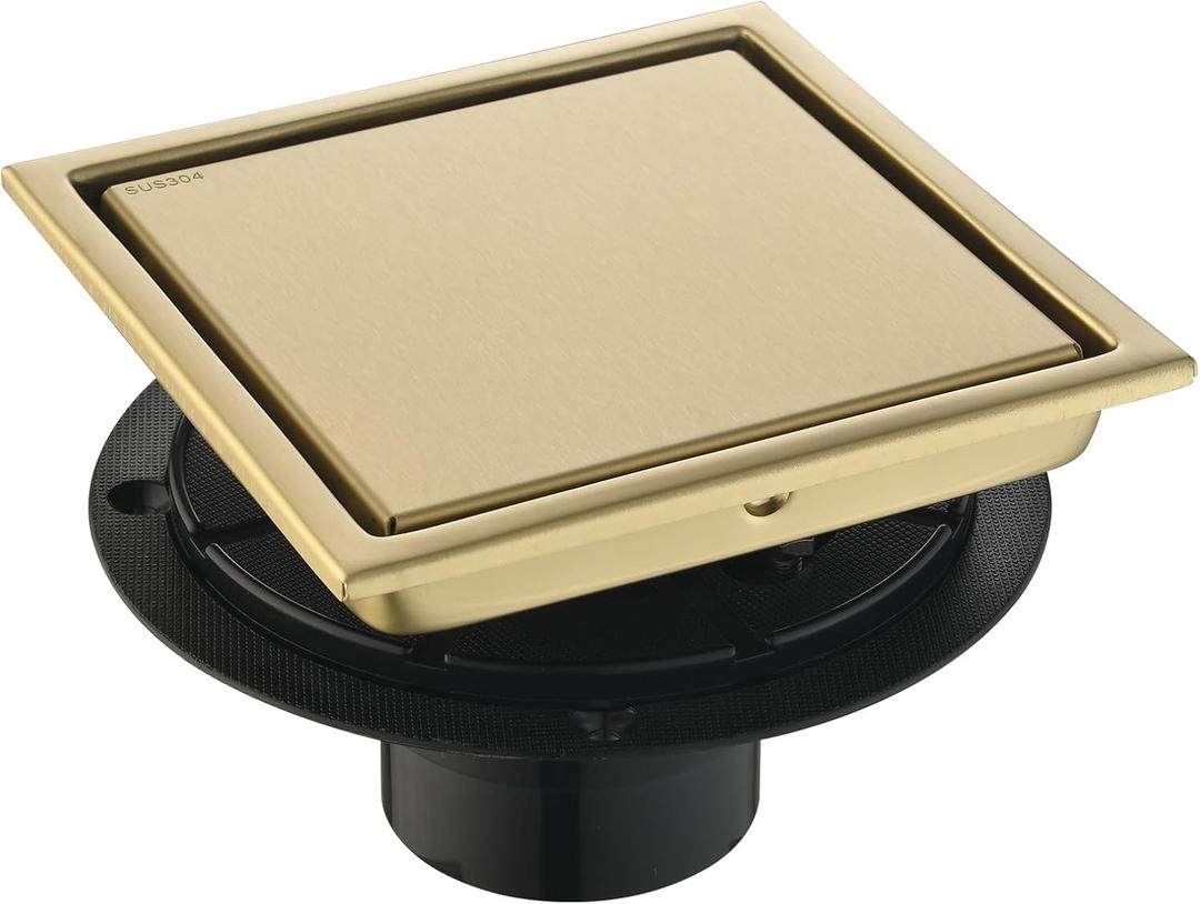 6-Inch Square Shower Drain, Brushed Gold Floor Drain with Flange, 304 Stainless Steel Bathroom 2-in-1 Tile Drain