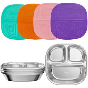 Set of 5 Snack Containers,Stainless Steel Kids Plates,Stainless Steel Toddler Plate with Silicone Lids- Reusable Meal Prep Lunch Containers for Kids Non Toxic & 100% BPA Free